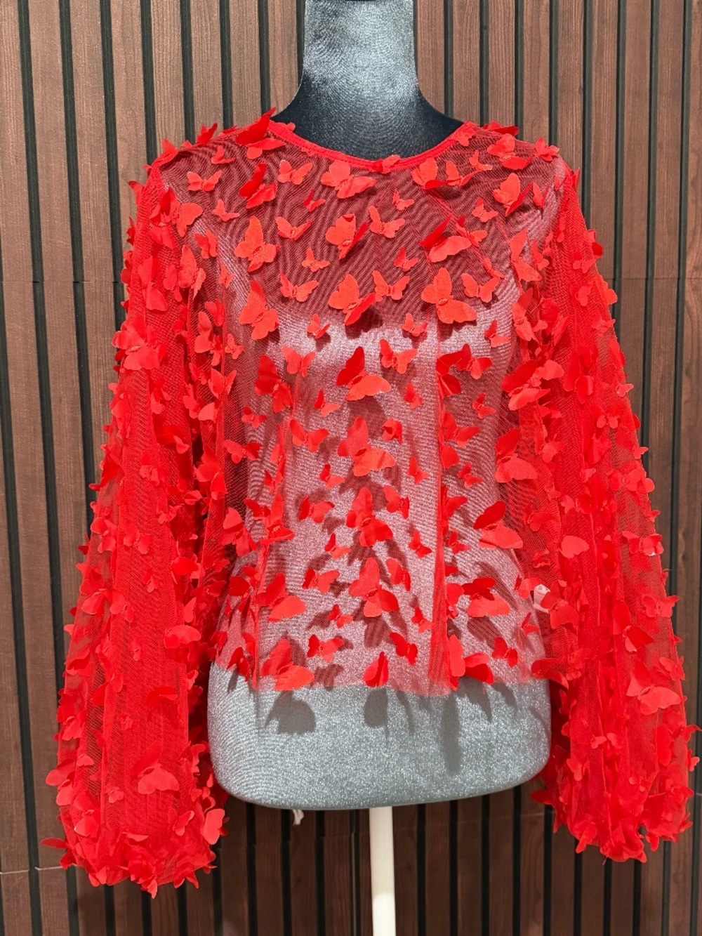 Muy Muy 3D Butterfly Mesh Blouse Juicy Red Balloon Sleeve Sheer Top Size L